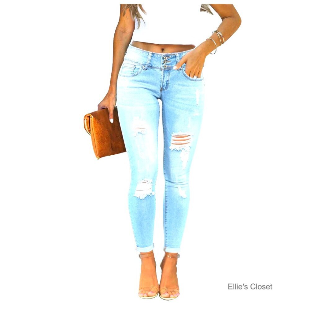 Skinny Ripped Distressed Jeans Stretchy Denim Pants Mid Waisted - Picture 1 of 6